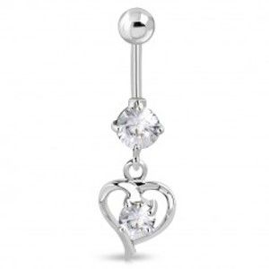 Šperky eshop - Piercing do bruška z chirurgickej ocele - srdcová stuha s trblietavým zirkónom S30.04