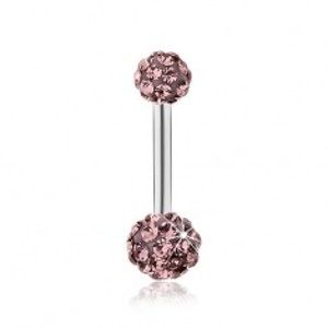 Šperky eshop - Piercing do bruška z chirurgickej ocele, guličky zdobené fialovými zirkónmi SP27.01
