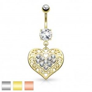 Šperky eshop - Piercing do bruška z chirurgickej ocele, srdce s čírymi zirkónmi a výrezmi AB30.25 - Farba piercing: Medená