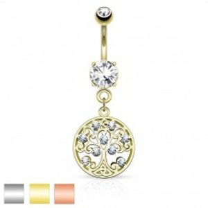 Šperky eshop - Piercing do bruška z chirurgickej ocele, strom života v kruhu, zirkóny AB32.14 - Farba piercing: Zlatá