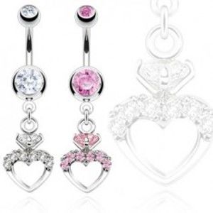Šperky eshop - Piercing do bruška z chirurgickej ocele, symetrický obrys srdca so zirkónmi SP43.24 - Farba: Ružová