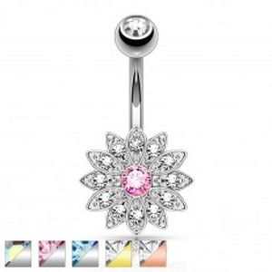 Šperky eshop - Piercing do bruška z chirurgickej ocele, trblietavý zirkónový kvet W11.01/05 - Farba piercing: Zlatá - číra