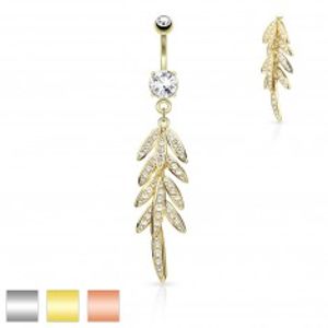 Šperky eshop - Piercing do bruška z ocele - visiace listy so zirkónikmi, trblietavý zirkón v kotlíku R07.03 - Farba piercing: Zlatá