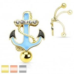 Šperky eshop - Piercing do bruška z ocele 316L, modrá kotva s lanom a čírymi zirkónmi R46.20 - Farba piercing: Zlatá