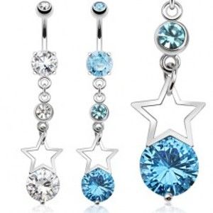 Šperky eshop - Piercing do bruška z ocele 316L, obrys hviezdy, okrúhle zirkóny SP43.05 - Farba zirkónu: Aqua modrá - Q