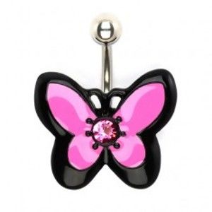 Šperky eshop - Piercing do bruška z ocele, ružovo-čierny motýľ so zirkónom Q3.3