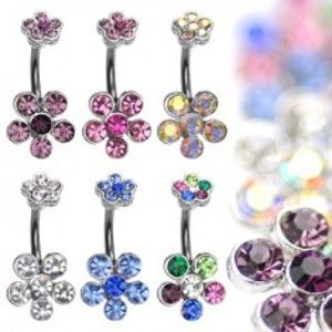 Šperky eshop - Piercing do bruška z ocele s farebnými zirkónovými kvetmi AA8.27 - Farba zirkónu: Fialová - A