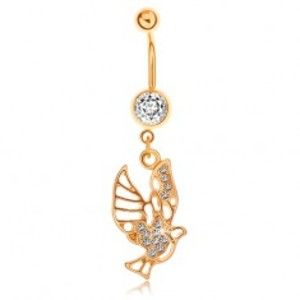 Šperky eshop - Piercing do bruška zlatej farby, vták zdobený výrezmi a čírymi zirkónmi SP73.23