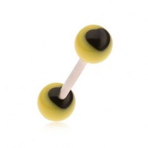 Šperky eshop - Piercing do jazyka z chirurgickej ocele, žlté guličky, čierne srdcia PC14.30