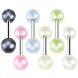 Šperky eshop - Piercing do jazyka z ocele - farebné perleťové guľôčky N25.37 - Farba piercing: Svetlo zelená