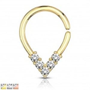 Šperky eshop - Piercing do nosa alebo ucha - zirkónové V, krúžok s lesklým povrchom W20.09/14 - Hrúbka piercingu: 1,2 mm, Farba piercing: Zlatá