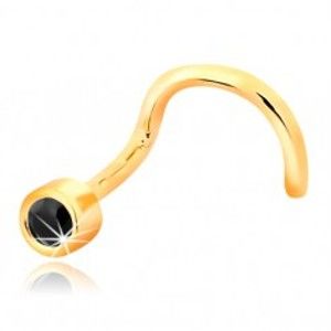 Šperky eshop - Piercing do nosa zo žltého 14K zlata - zahnutý tvar, čierny zafír v objímke GG17.09