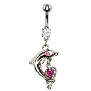 Šperky eshop - Piercing do pupka - delfín s ružovým okom, srdcový prívesok W30.17