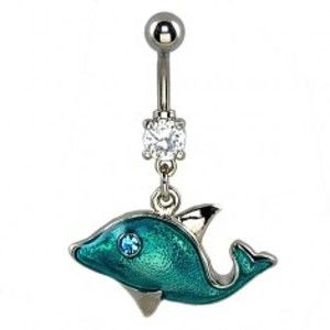 Šperky eshop - Piercing do pupka - modrý delfín, zirkónové oko W30.18