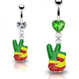 Šperky eshop - Piercing do pupka - rasta ruka, symbol "PEACE", srdcové zirkóny Y12.3 - Farba zirkónu: Zelená - G