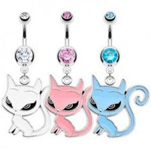 Šperky eshop - Piercing do pupka - sediaca mačička, veľké oči Y9.14 - Farba zirkónu: Aqua modrá - Q