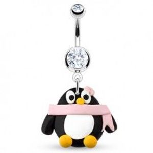 Šperky eshop - Piercing do pupka - tučniačik, ružový šál a kvet, zirkóny Y9.17
