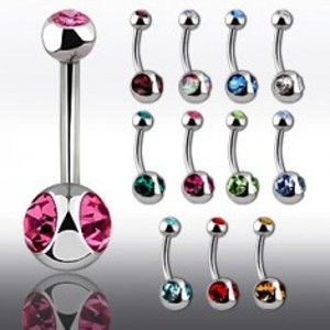 Šperky eshop - Piercing do pupka s veľkým zirkónom po oboch stranách C3.13/Z29.02/Z29.18 - Dĺžka piercingu: 10 mm, Farba zirkónu: Ružová - P