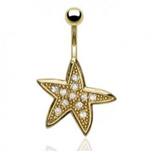 Šperky eshop - Piercing do pupka v zlatom odtieni, morská hviezdica, číre zirkóny SP65.16