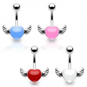 Šperky eshop - Piercing do pupka z chirurgickej ocele - farebné srdce s krídlami N5.35 - Farba piercing: Biela