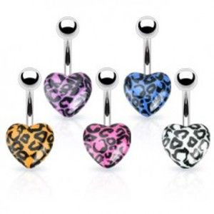 Šperky eshop - Piercing do pupka z ocele - farebné srdce s leopardím vzorom N17.35 - Farba piercing: Modrá