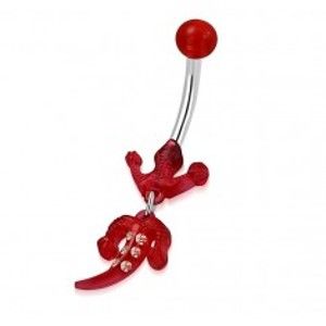 Šperky eshop - Piercing do pupka z ocele - guľôčka, červená jašterička so zirkónmi SP95.15