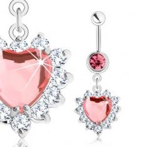 Šperky eshop - Piercing do pupka z ocele 316L, ružové zirkónové srdce, číry ligotavý lem SP25.17