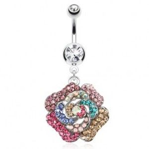 Šperky eshop - Piercing do pupka z ocele, číry kamienok, farebný zirkónový kvet S49.21
