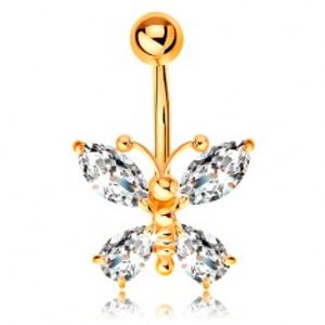 Šperky eshop - Piercing do pupka zo žltého 14K zlata - motýľ so zirkónovými krídlami čírej farby GG184.14