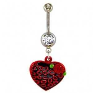 Šperky eshop - Piercing do pupku - čierno červené srdce a krúžky, ružička F17.9