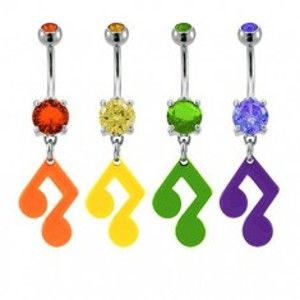 Šperky eshop - Piercing do pupku - hudobná nota so zirkónom v rôznych farbách E11.7 - Farba zirkónu: Zelená - GR