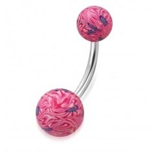 Šperky eshop - Piercing do pupku - ružovo-biele guličky FIMO s abstraktným motívom X18.07