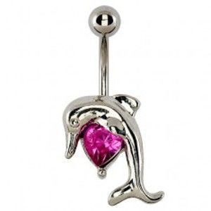 Šperky eshop - Piercing do pupku - skákajúci delfín, ružové srdce pod bruškom W02.25