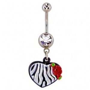 Šperky eshop - Piercing do pupku - srdce,  vzor čiernobiela zebra a ruža Y6.7