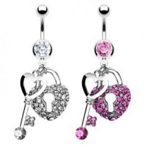 Šperky eshop - Piercing do pupku - srdce a kľúč, vykladané zirkónmi Y11.11 - Farba zirkónu: Ružová - P