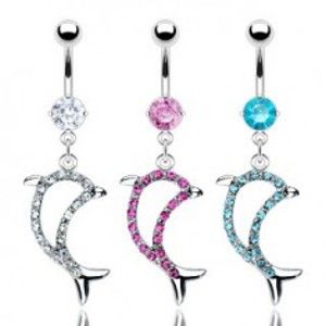Šperky eshop - Piercing do pupku delfín so zirkónmi N25.29 - Farba zirkónu: Aqua modrá - Q