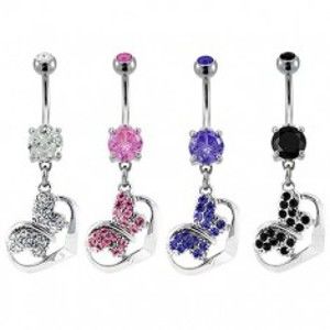 Šperky eshop - Piercing do pupku motýlik so zirkónmi a srdce E16.3 - Farba zirkónu: Ružová - P