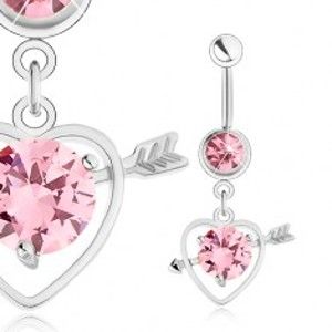Šperky eshop - Piercing do pupku, oceľ 316L, obrys srdca so šípom, ružový zirkón SP23.19
