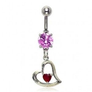 Šperky eshop - Piercing do pupku šikmé srdiečko, ružový a červený zirkón I17.07