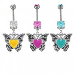 Šperky eshop - Piercing do pupku so zirkónom - motýľ s namaľovaným srdcom E1.13 - Farba piercing: Zlatá