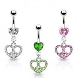 Šperky eshop - Piercing do pupku srdce so znakom mieru C1.19 - Farba zirkónu: Ružová - P