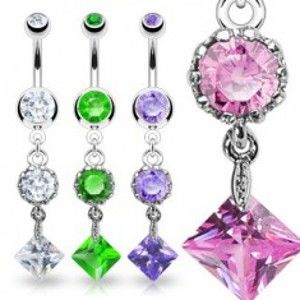 Šperky eshop - Piercing do pupku VINTAGE - tri farebné zirkóny I12.10/13 - Farba piercing: Ružová