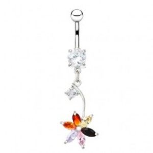 Šperky eshop - Piercing do pupku z ocele - farebný zirkónový kvet na stopke AA17.04