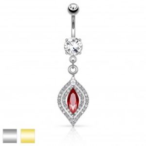 Šperky eshop - Piercing do pupku z ocele 316L - červený zirkón, číre zirkóny, dve farebné kombinácie R04.18 - Farba piercing: Strieborná