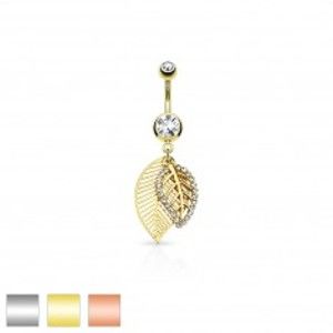 Šperky eshop - Piercing do pupku z ocele 316L, dva lístočky zdobené výrezmi a čírymi zirkónmi AB31.22 - Farba piercing: Medená