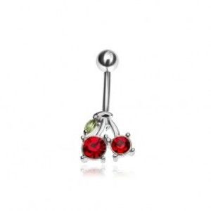 Šperky eshop - Piercing do pupku z ocele, červené zirkónové čerešne, zelený lístoček AC8.31