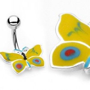 Šperky eshop - Piercing do pupku žlto-modrý motýlik N28.17