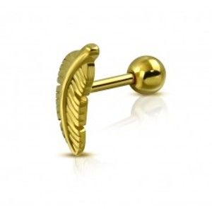 Šperky eshop - Piercing do tragusu z chirurgickej ocele - vtáčie pierko, zlatá farba W24.17