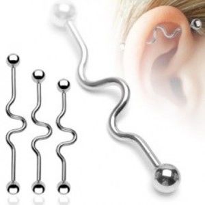 Šperky eshop - Piercing do ucha s vlnovkou a guličkovým zakončením C3.2
