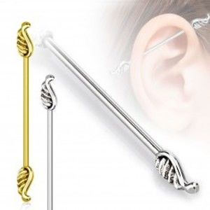 Šperky eshop - Piercing do ucha z chirurgickej ocele - dlhšia činka ukončená krídlami, 1,6 mm W22.31/32 - Farba piercing: Zlatá